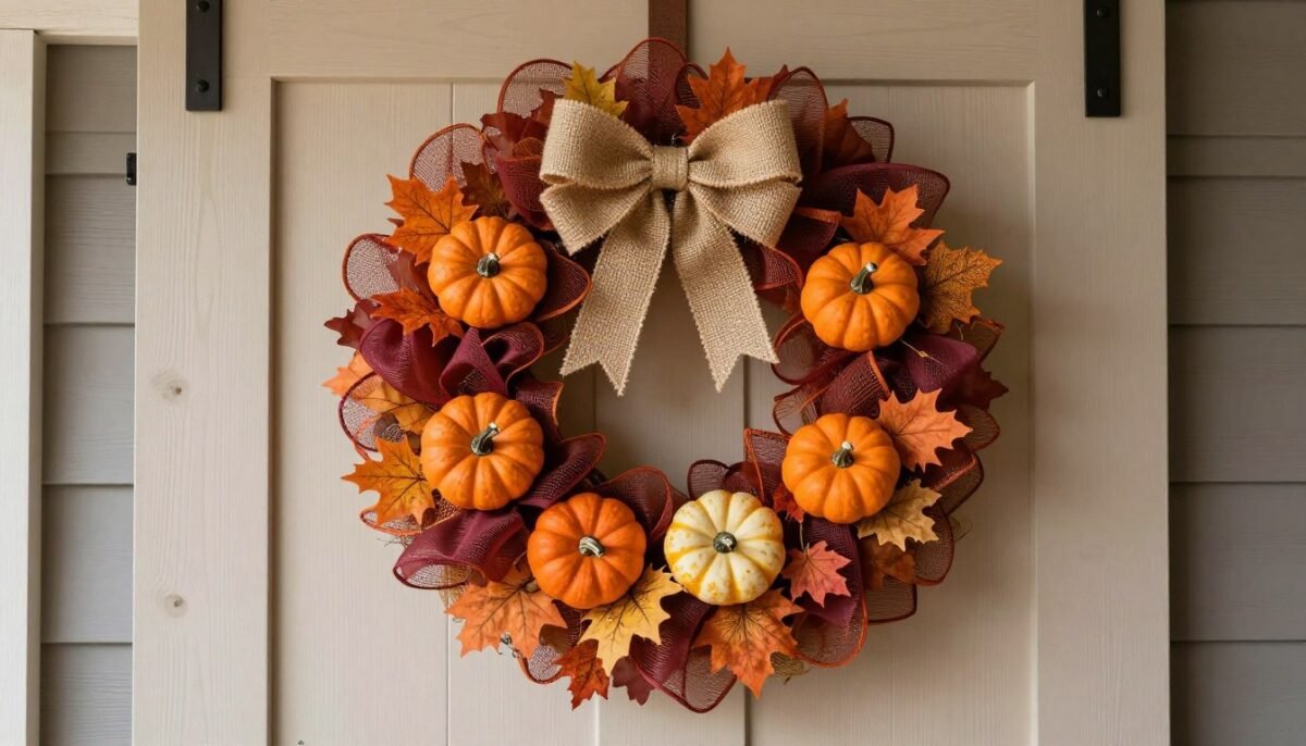 Fall harvest wreath with orange and brown deco mesh