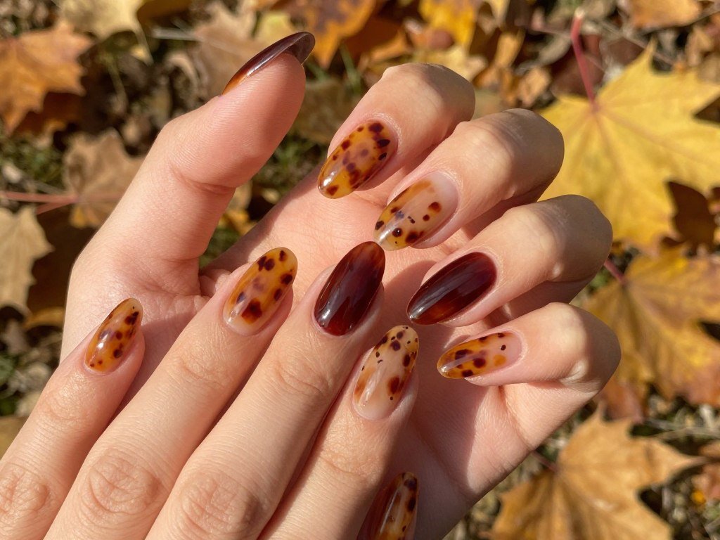 Fall tortoiseshell French tip almond nails