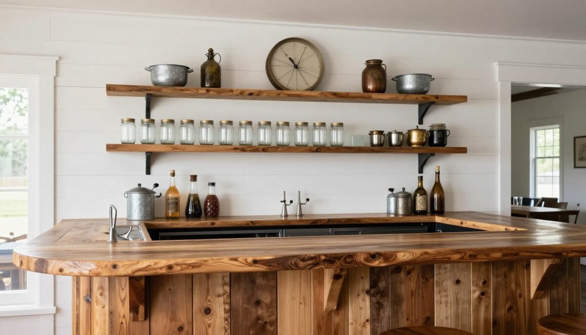 Farmhouse bar with white shiplap wall and reclaimed wood counter