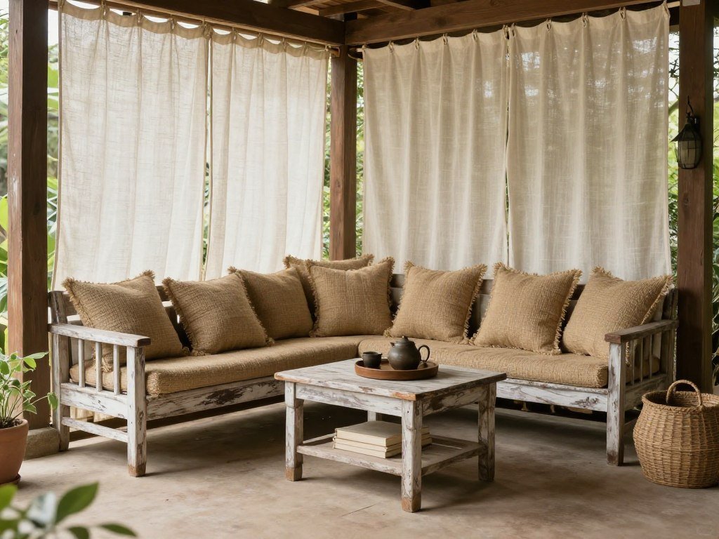 Farmhouse lanai with burlap and linen textiles