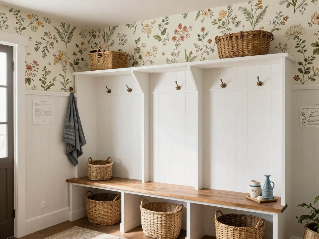 Farmhouse mudroom with board and batten and wallpaper