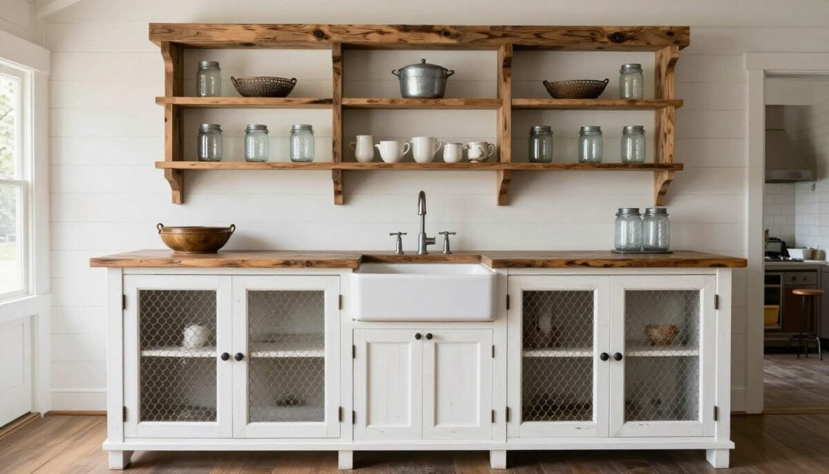 Farmhouse style bar with chicken wire cabinet doors for built-in bar ideas