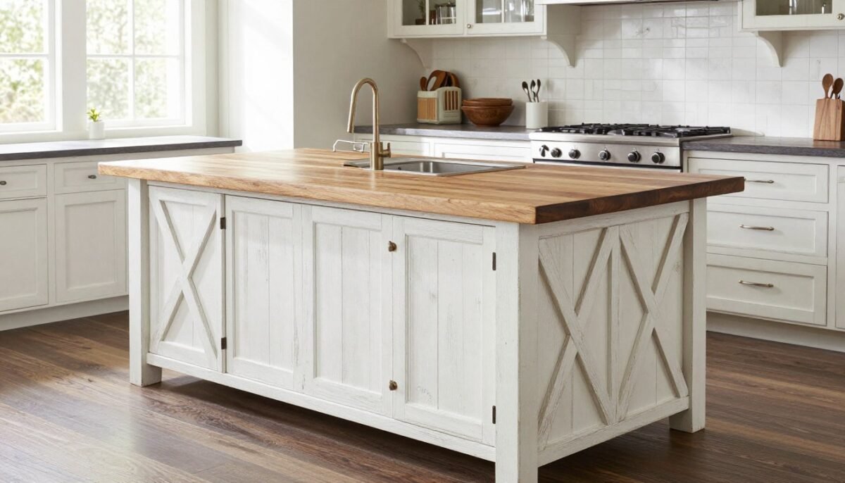Farmhouse style kitchen island with distressed wood finish