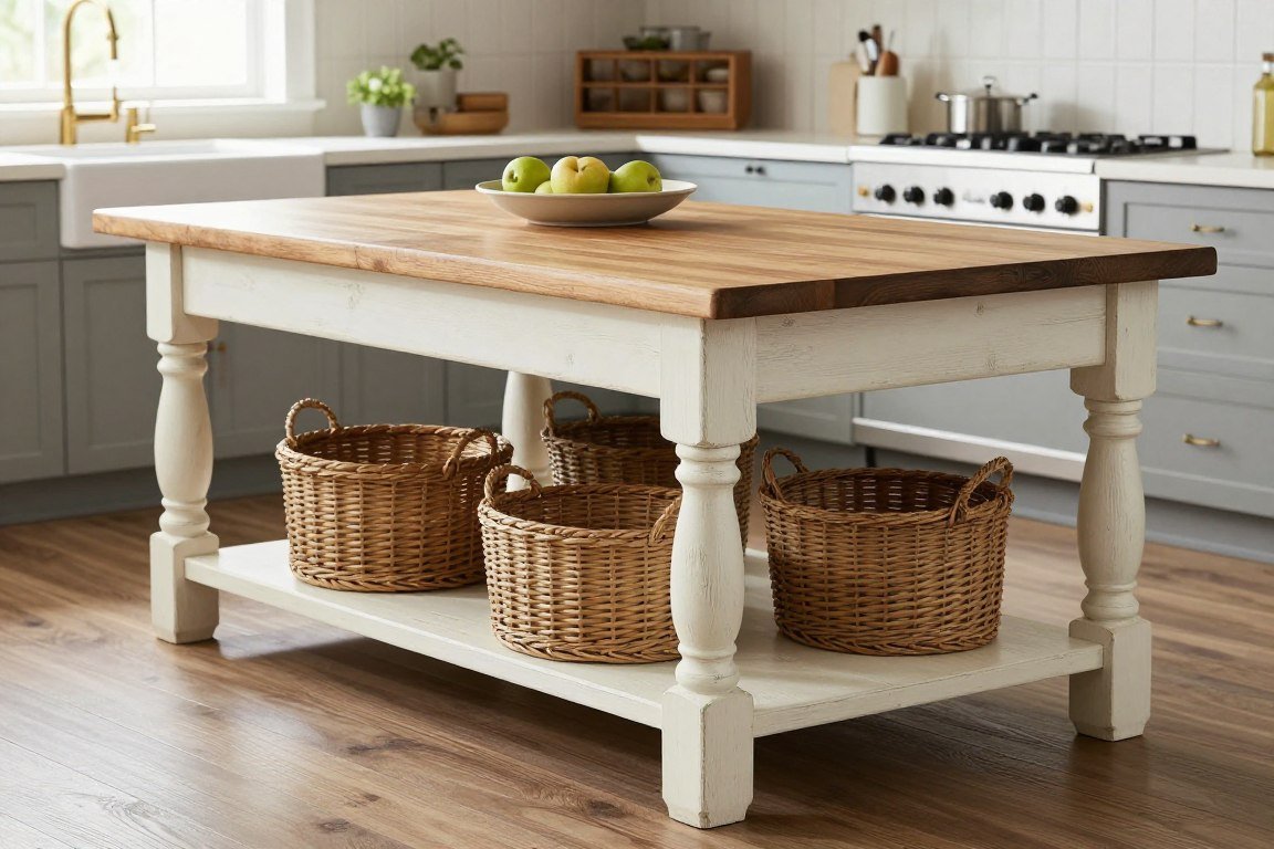 Farmhouse-style table used as kitchen island