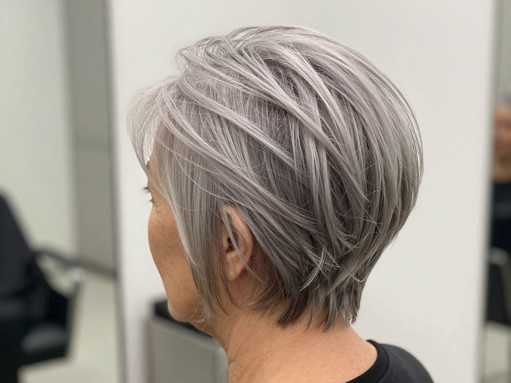 Feathered gray pixie showing soft layered texture
