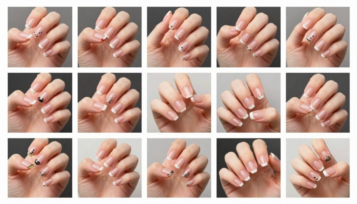 Final showcase of diverse French tip designs on short nails Final showcase of diverse French tip designs on short nails