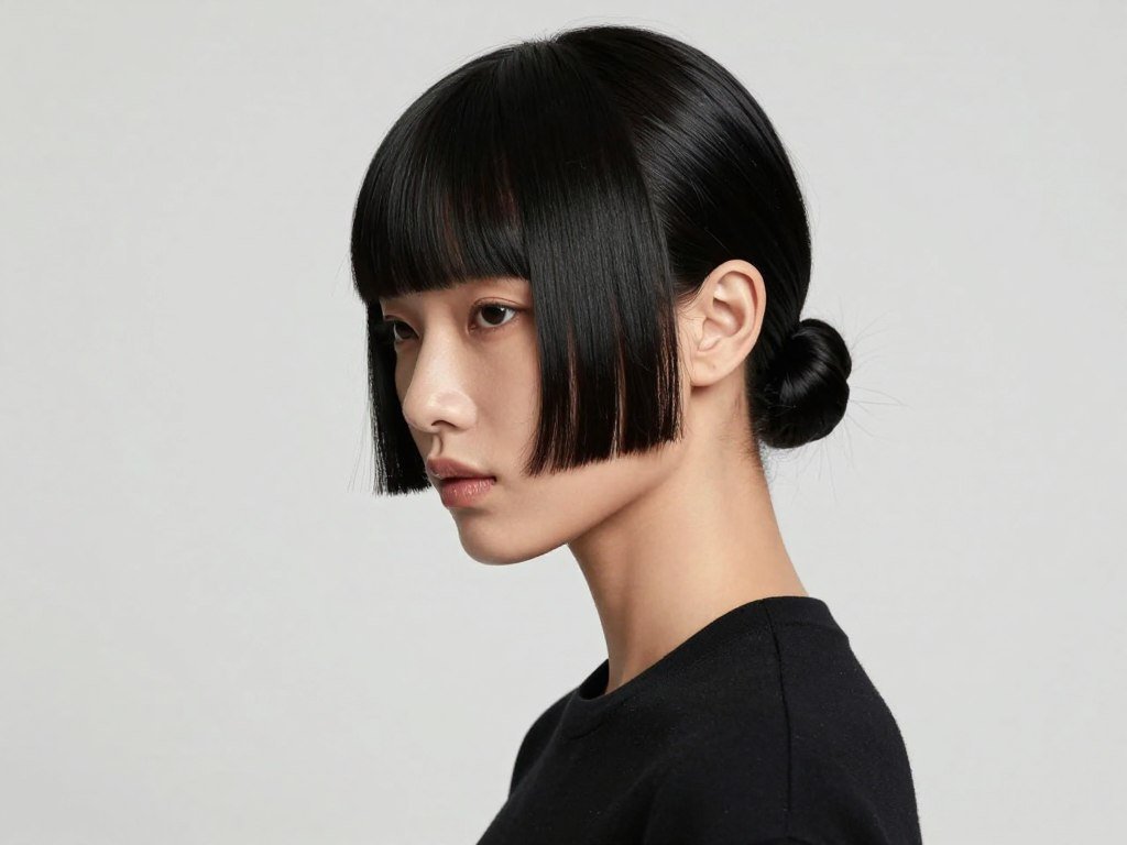 Fine hair styled with baby bangs and sleek low bun