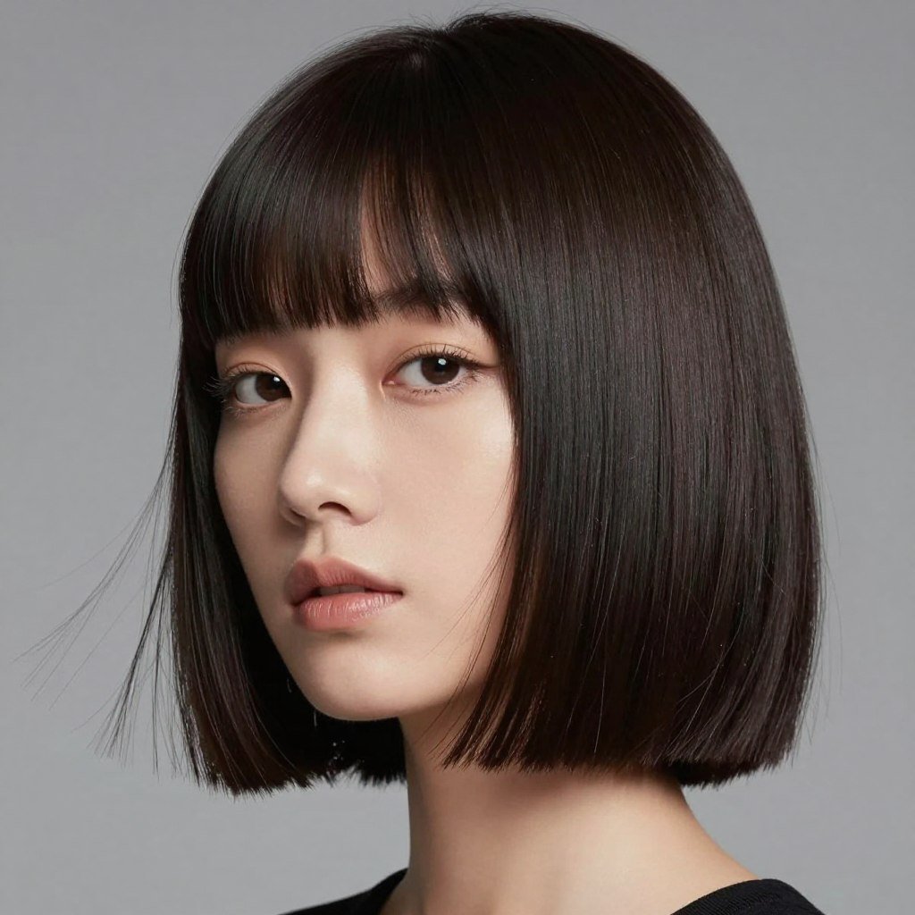 Fine hair styled with blunt micro bangs and chin-length bob