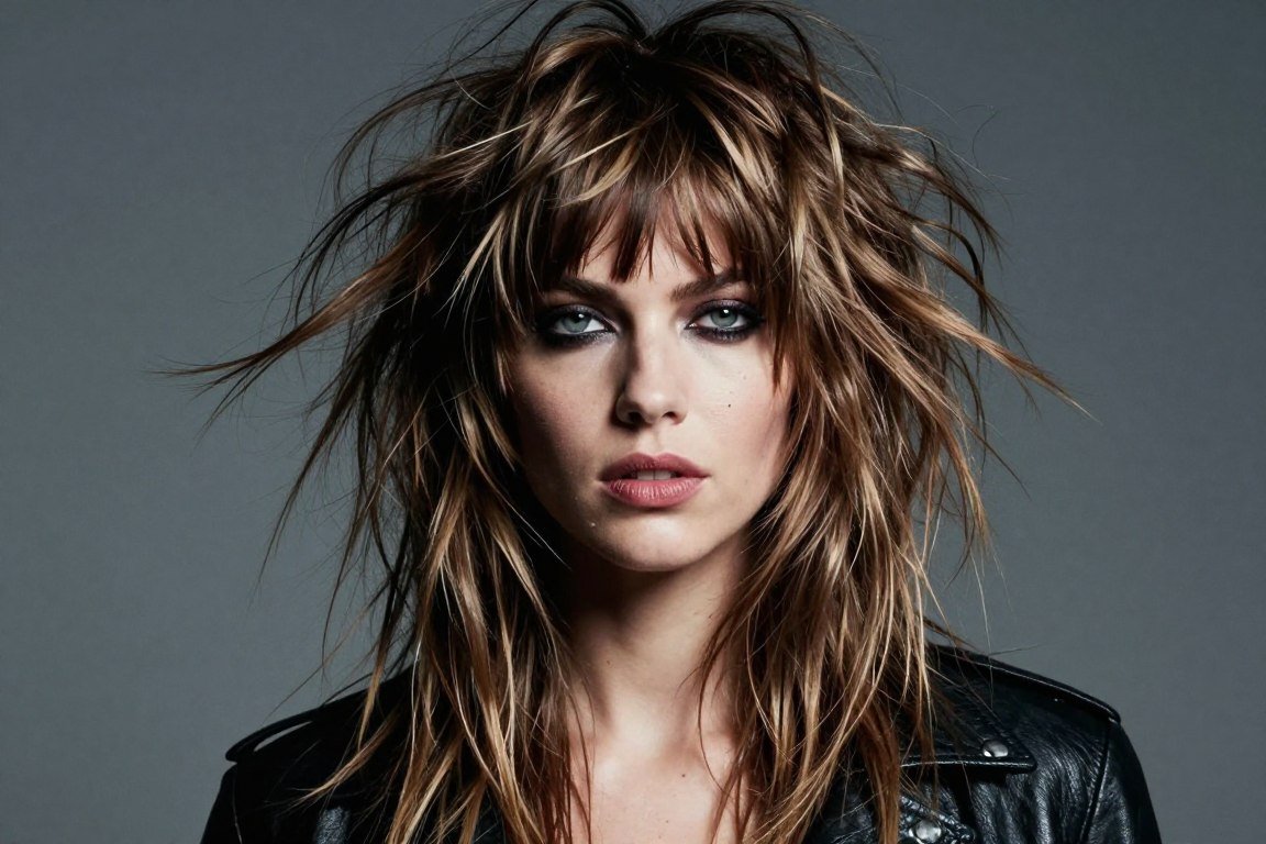 Fine hair with choppy bangs and layered shag haircut