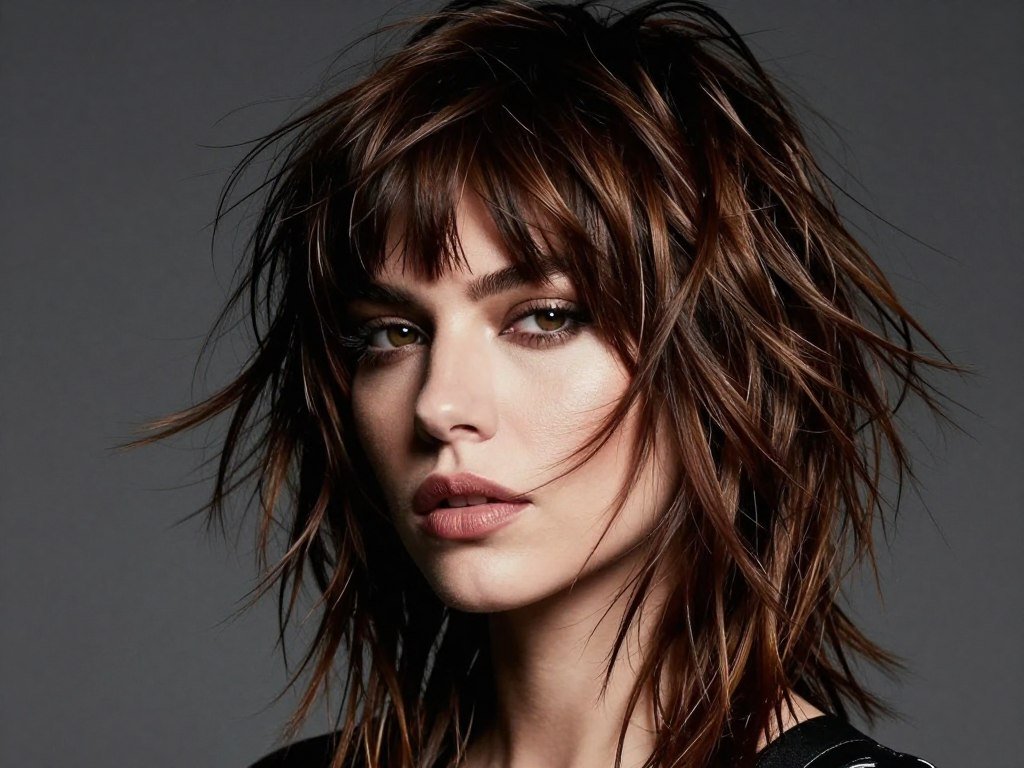 Fine hair with choppy curtain bangs and shaggy layers