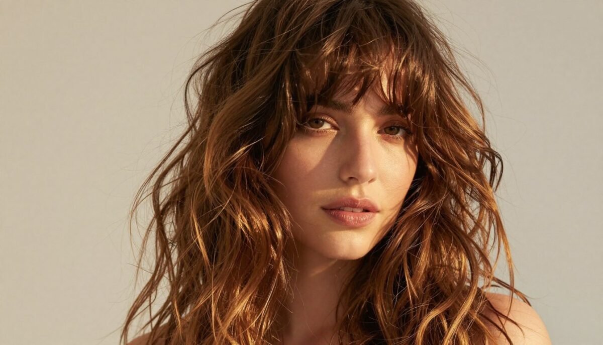 Fine hair with curtain bangs styled in beachy waves