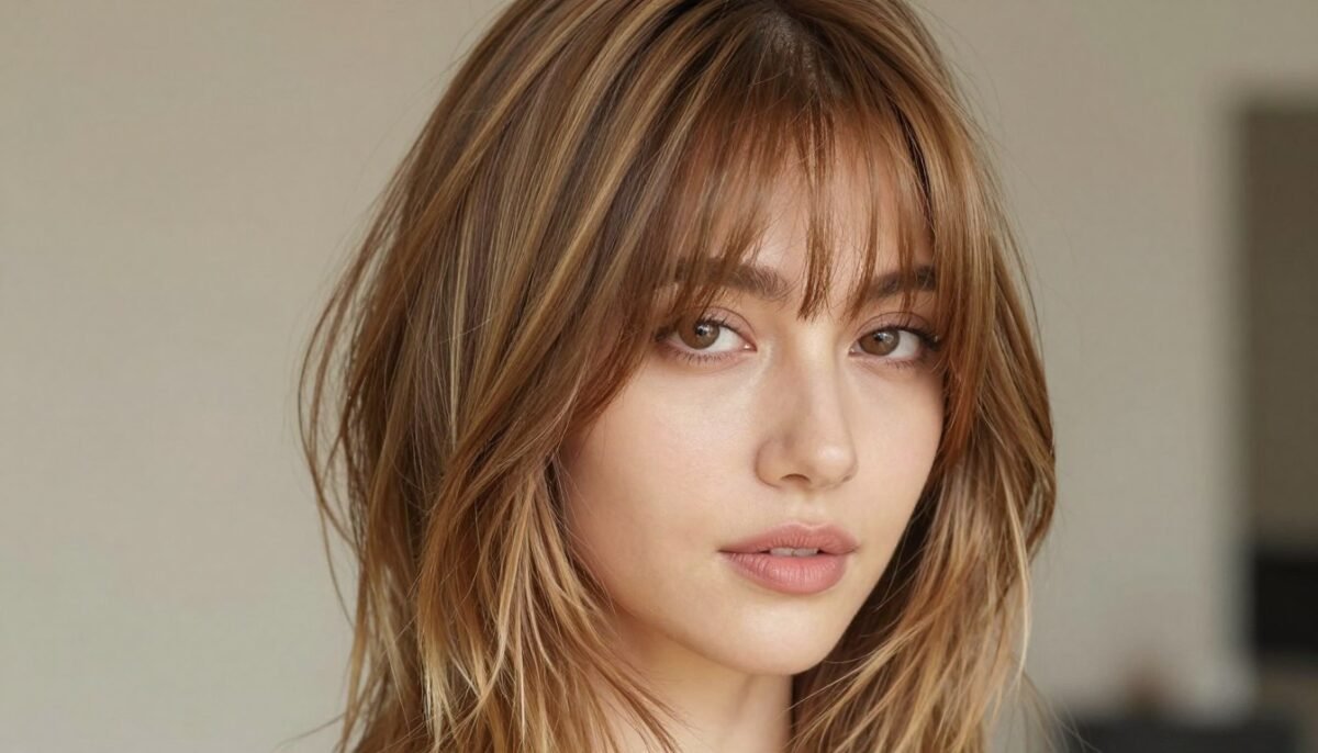 Fine hair with layered curtain bangs and face-framing pieces