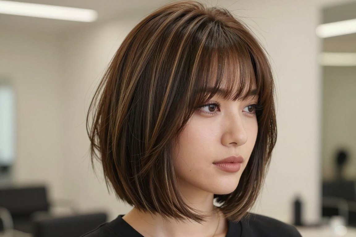 Fine hair with piece-y bangs and angled lob haircut