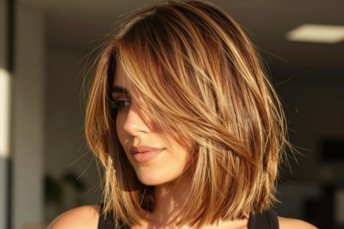 Fine hair with piece-y layered fringe and balayage highlights