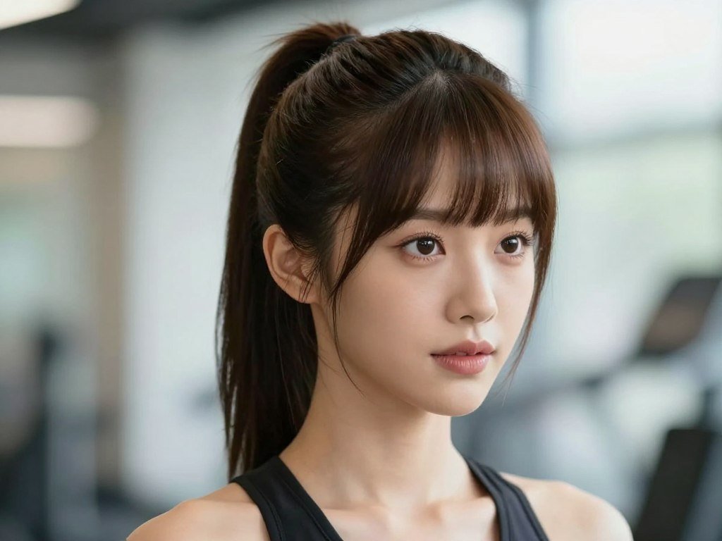 Fine hair with rounded bangs styled in high ponytail