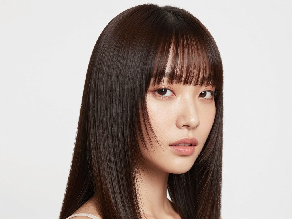 Fine hair with see-through bangs and straight sleek style