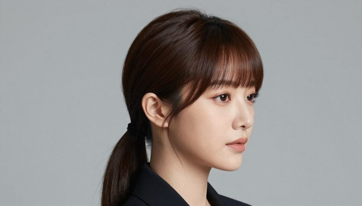 Fine hair with side-parted bangs in sleek ponytail