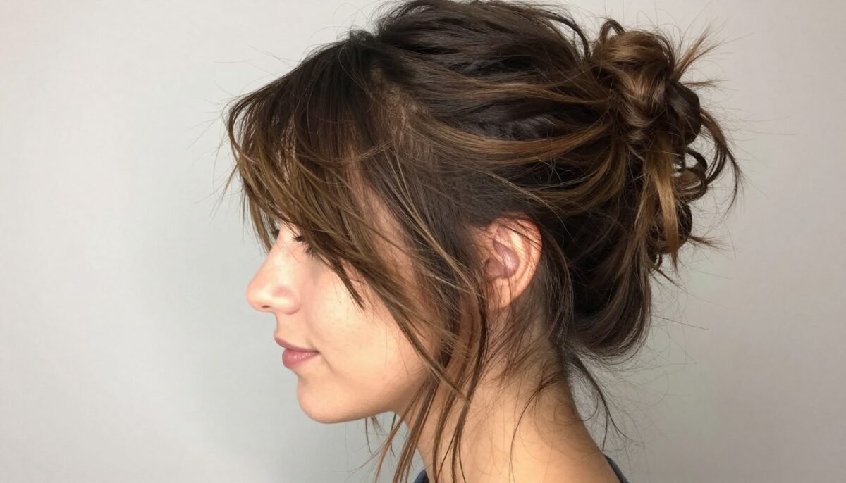 Fine hair with textured fringe and messy bun updo