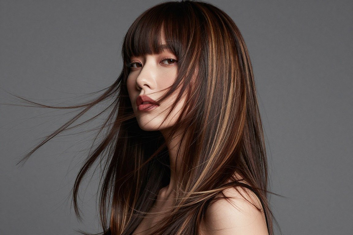 Fine hair with wispy asymmetrical bangs and long layers