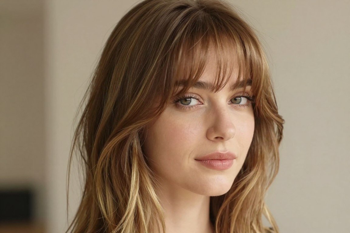 Fine hair with wispy curved bangs at midi length