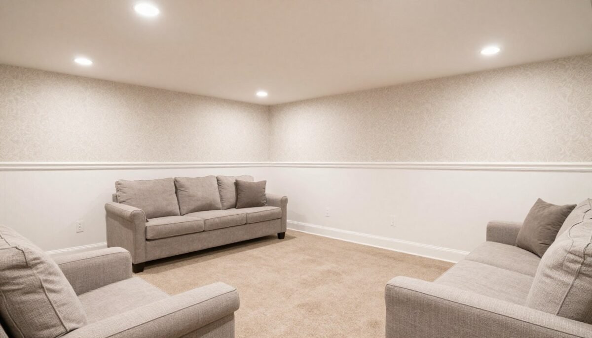 Finished basement with light wallpaper and white paint maximizing brightness