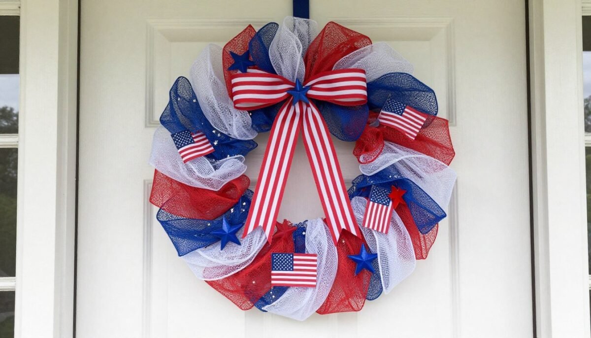 Finished curly deco mesh wreath with multiple embellishments
