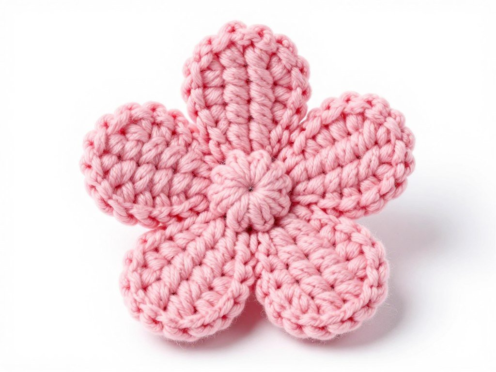 Finished five-petal crochet flower in soft pink yarn showing petal detail