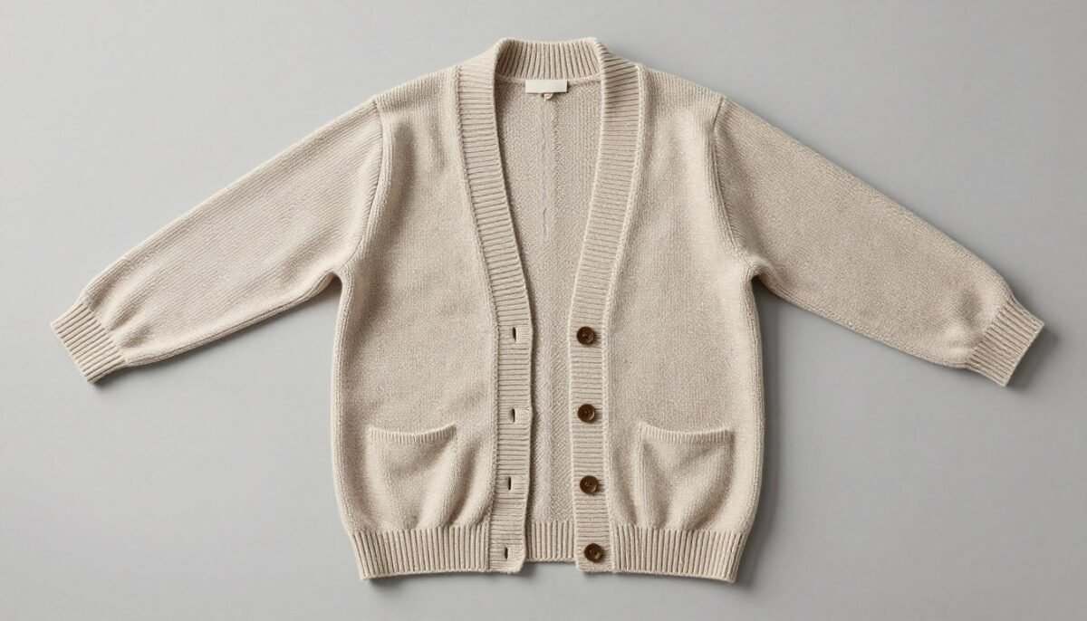 Flat lay of completed Yngrid Cardigan showing overall proportions and size