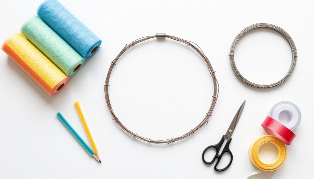 Flat lay of deco mesh wreath supplies including mesh rolls, wire form, and pipe cleaners