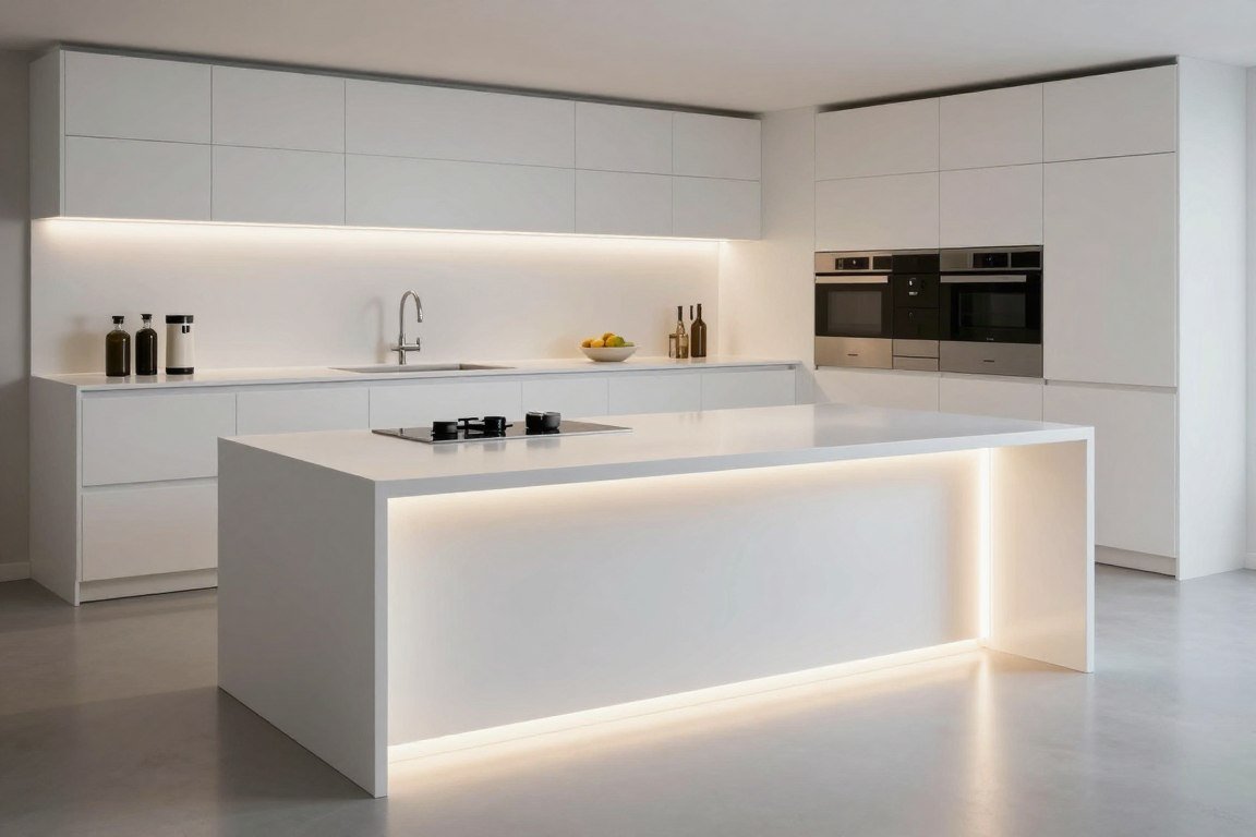 Floating kitchen island with recessed base and lighting