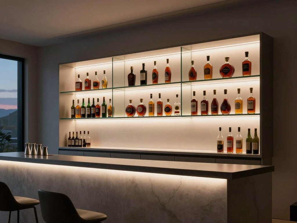 Floating shelf bar with bottle collection and LED backlighting