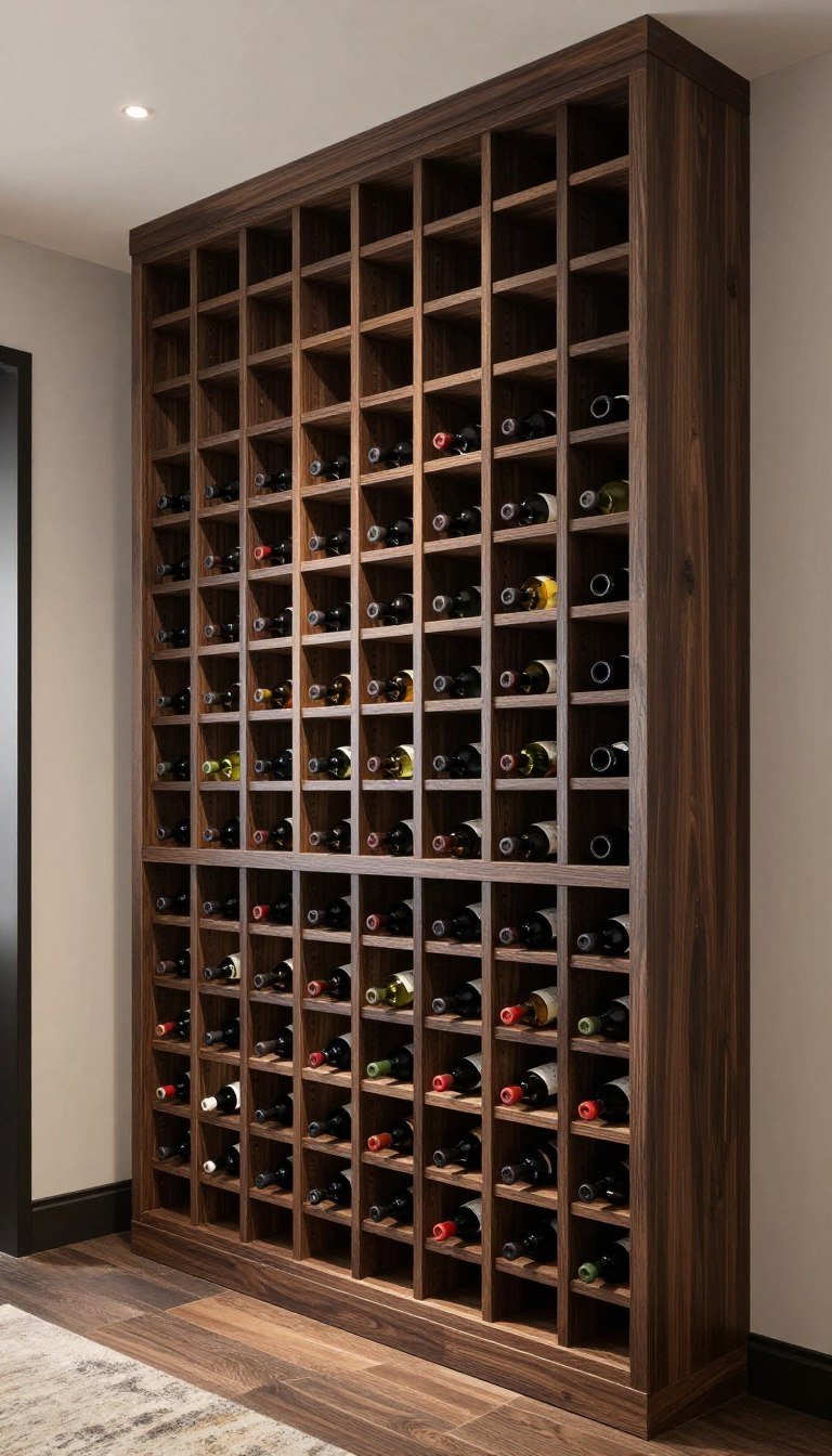Floor-to-ceiling wine rack wall with individual bottle slots