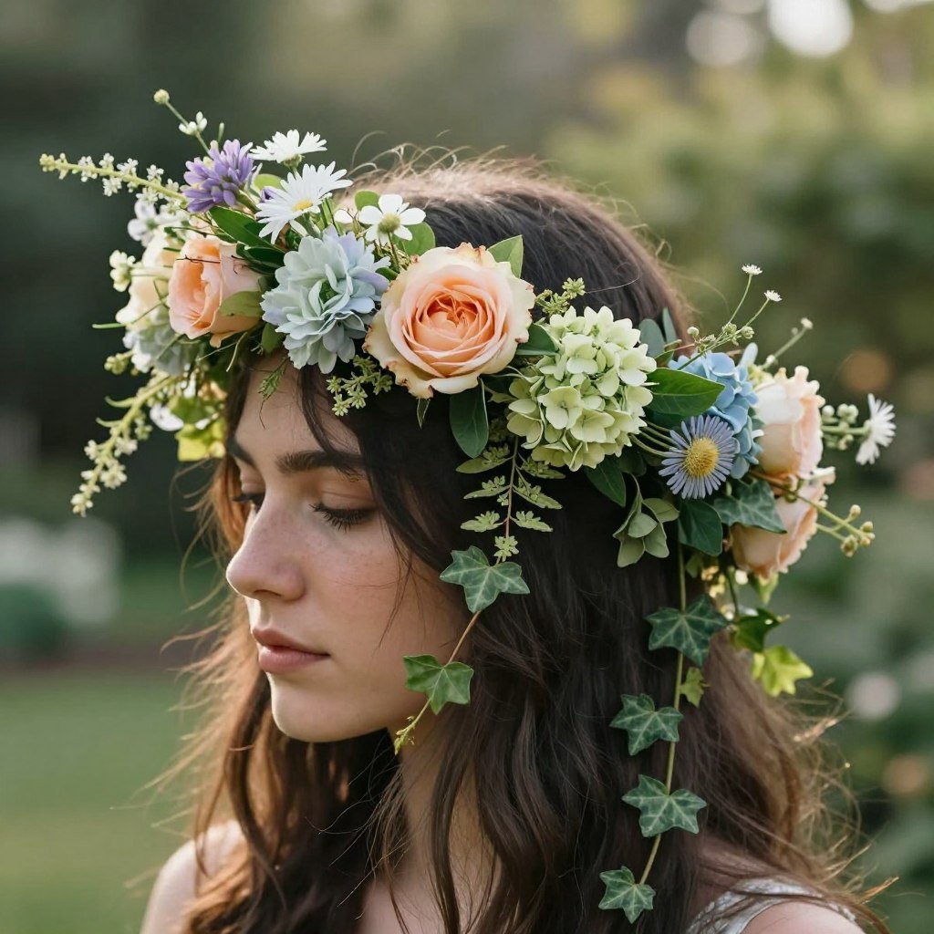 Floral crown derby hat with mixed botanical elements