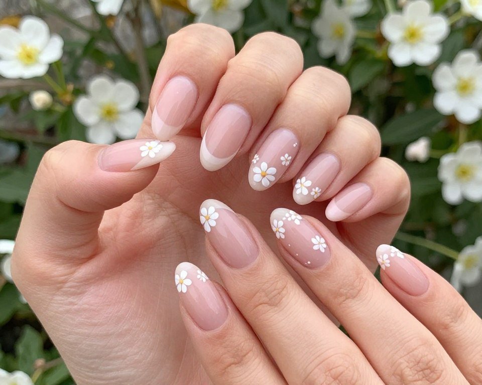 Floral decorated French tip almond nails