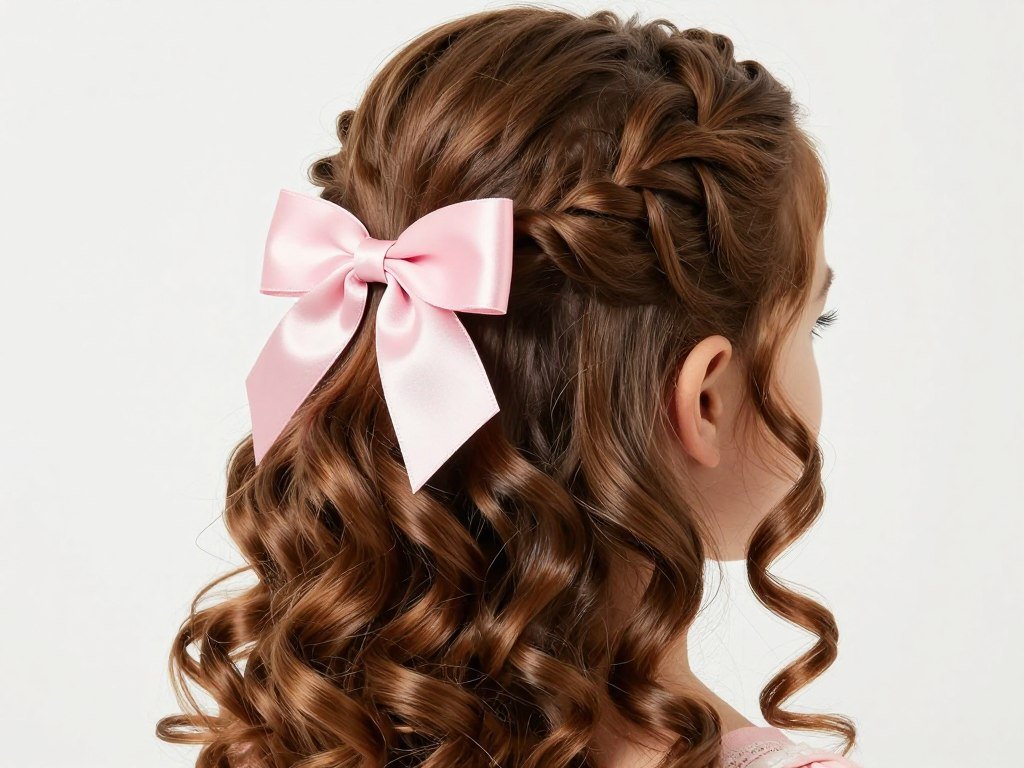 Flower girl hairstyle featuring soft ringlet curls tied with satin ribbon bow