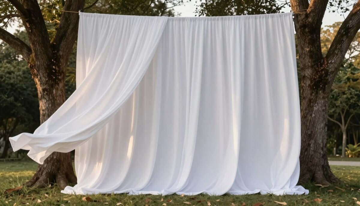 Flowing white fabric backdrop for outdoor wedding ceremony