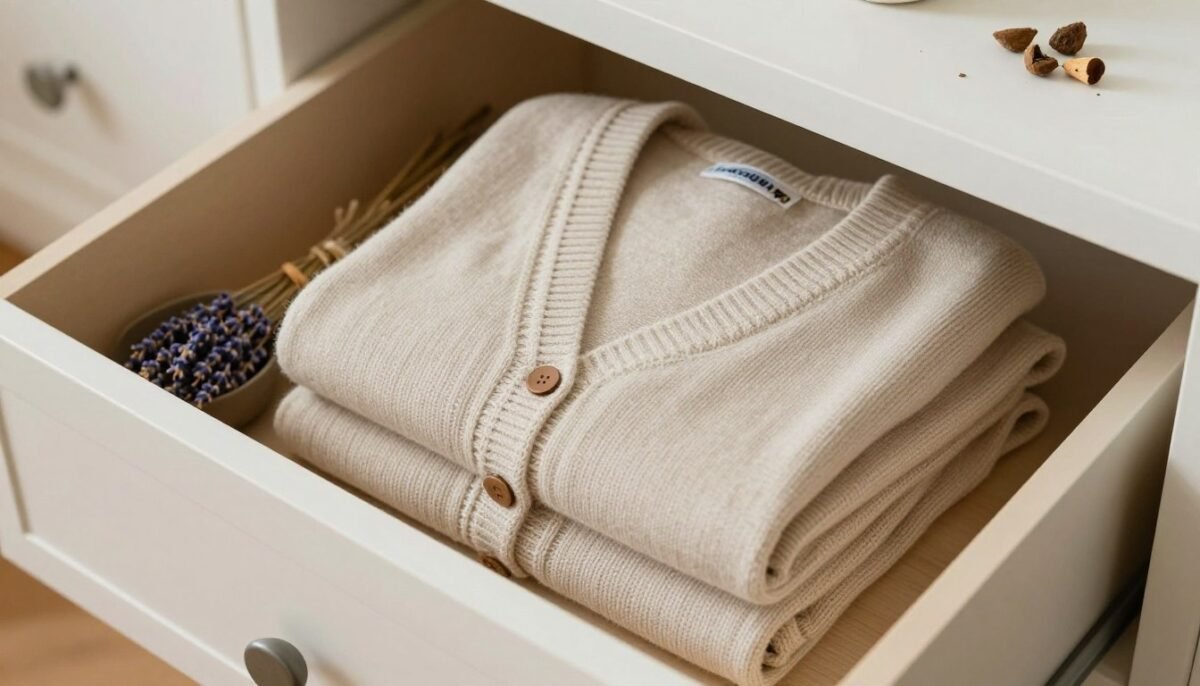 Folded Yngrid Cardigan stored properly with lavender sachet and cedar blocks
