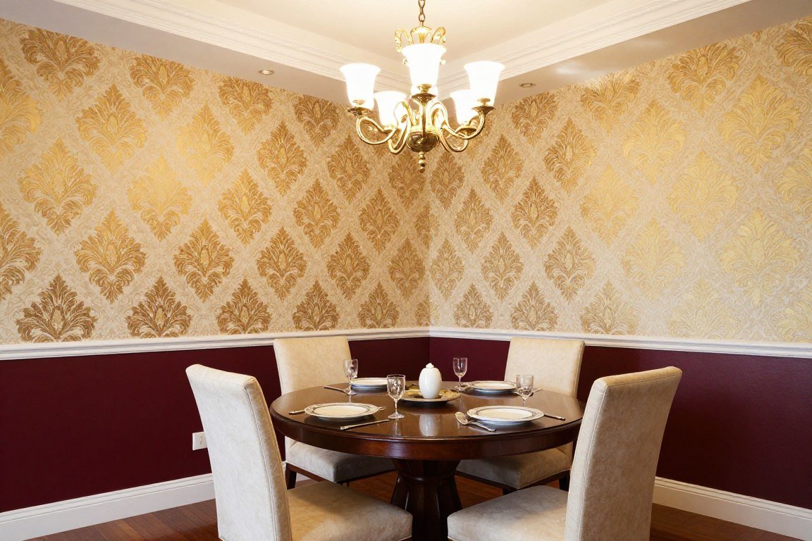 Formal dining room with rich damask wallpaper and burgundy paint