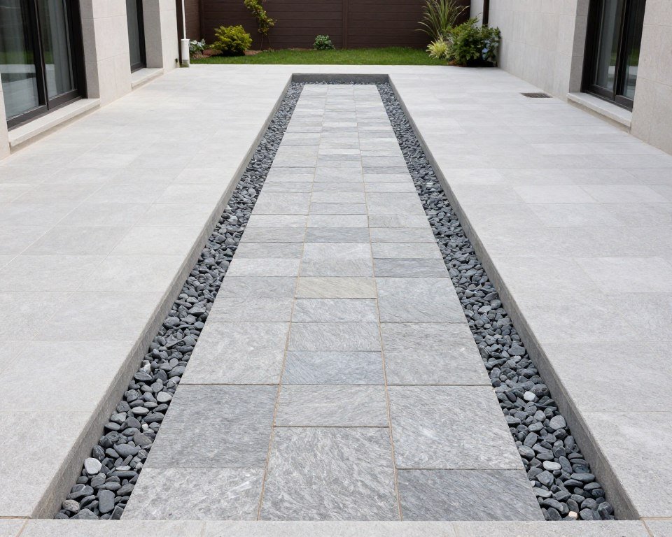 Formal geometric dry creek bed with uniform stones