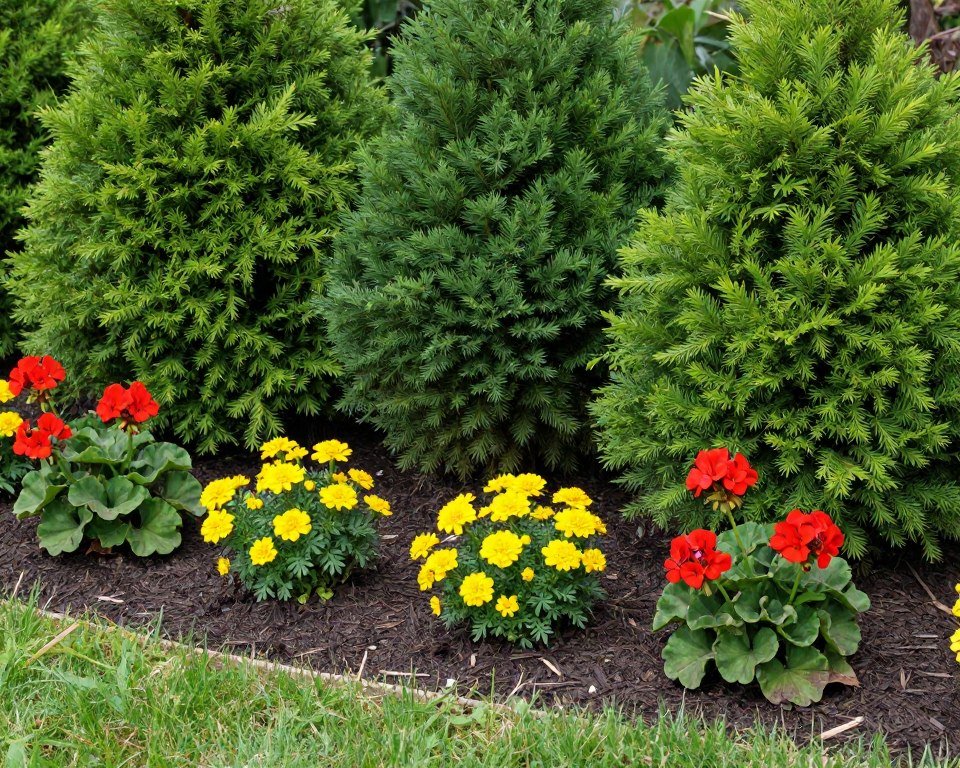 Foundation bed with evergreen shrubs and colorful annual flowers
