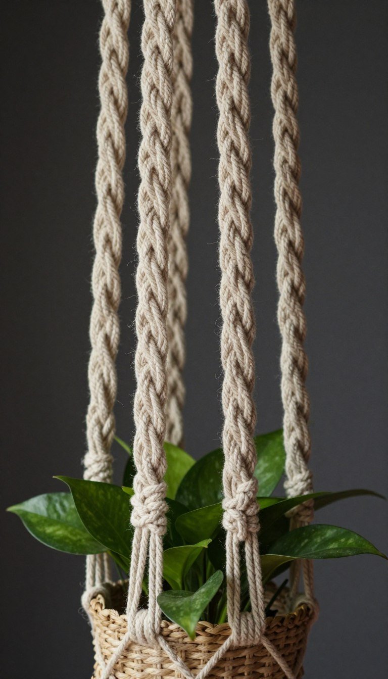 Four-column spiral macrame plant hanger with twisted rope columns