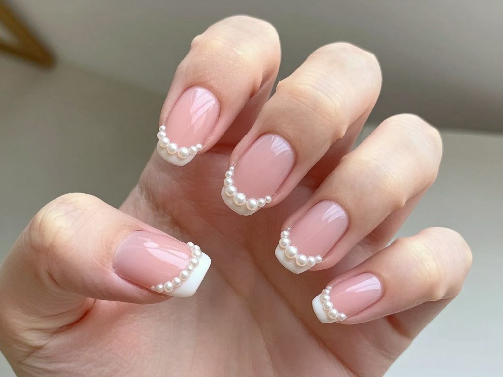 French tips with delicate pearl embellishments