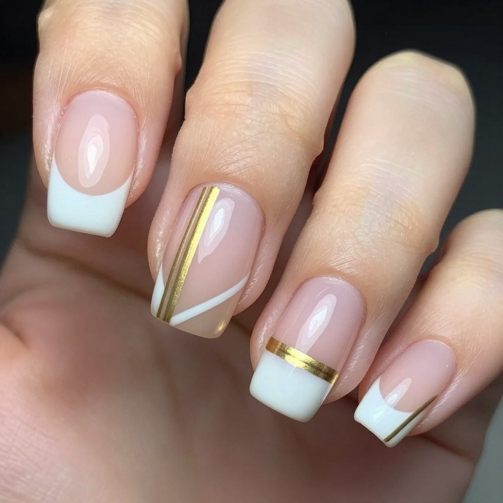 French tips with gold striping tape geometric design
