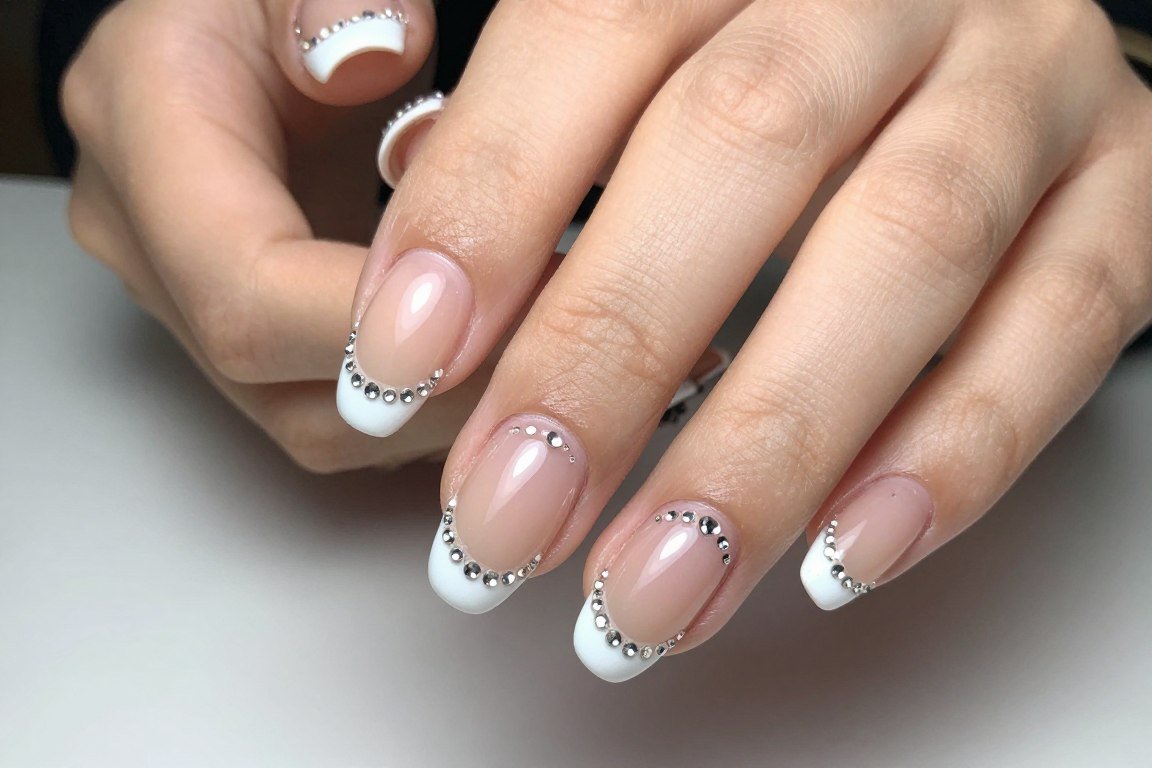 French tips with rhinestone accents along smile line