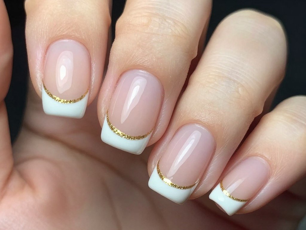 French tips with thin gold glitter accent line