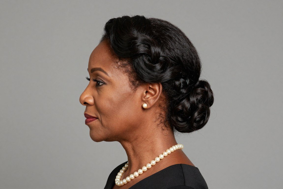 French twist updo hairstyle showing elegant vertical roll for older Black women