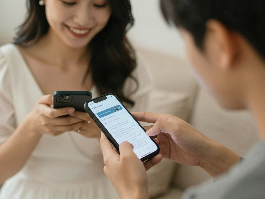 Friends sharing wedding website link via messaging app