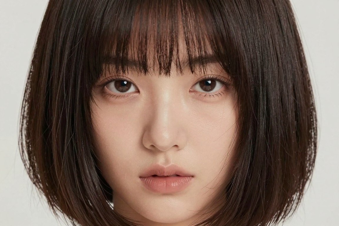 Front view of inverted bob showing longer pieces framing face