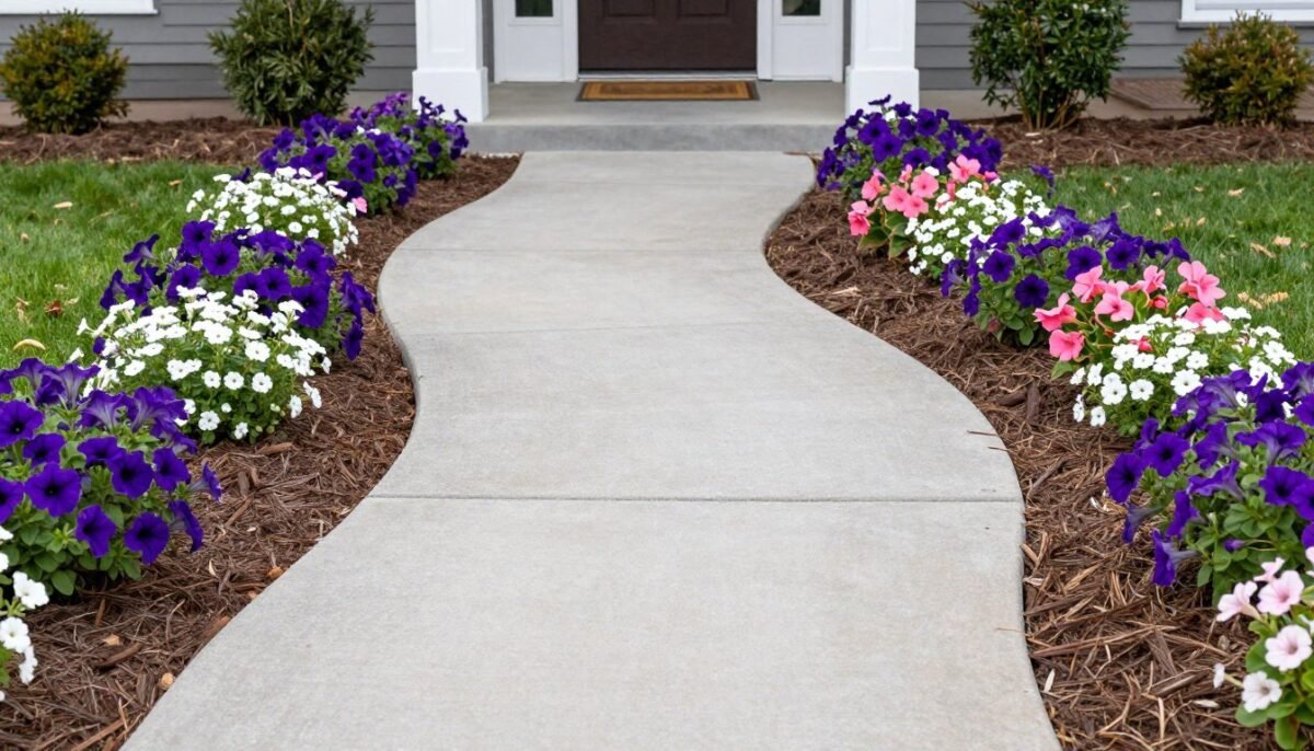 Front yard walkway with colorful flower bed borders on both sides