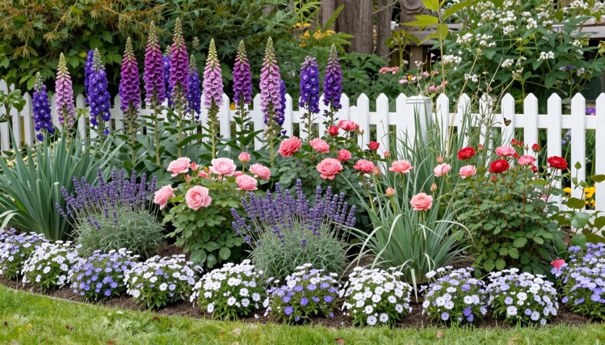 Full cottage garden bed showing natural layering